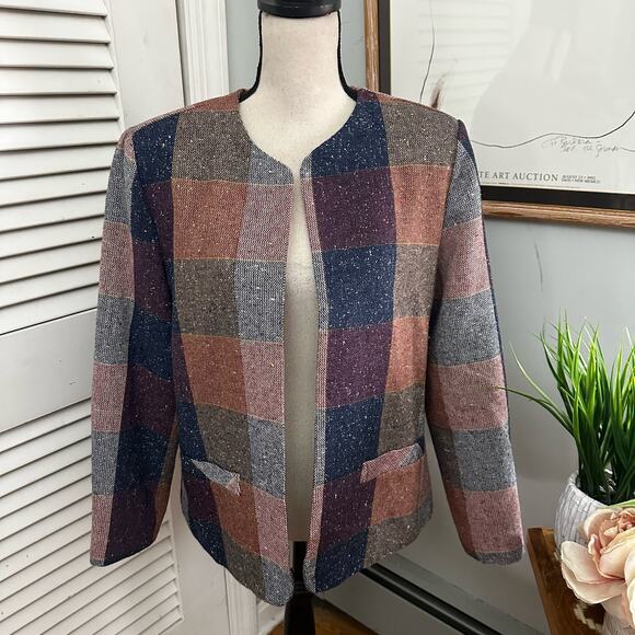 Vintage BFA CLASSICS Womens Jacket *Large Plaid Open Front Retro Boxy Preppy - Picture 1 of 10
